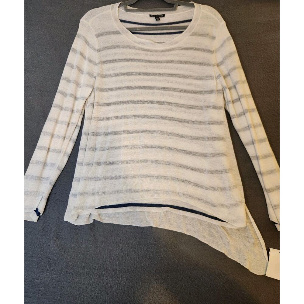 EILEEN FISHER Ivory Blue Striped Double Layer Linen Blend Sweater Shirt M NWOT